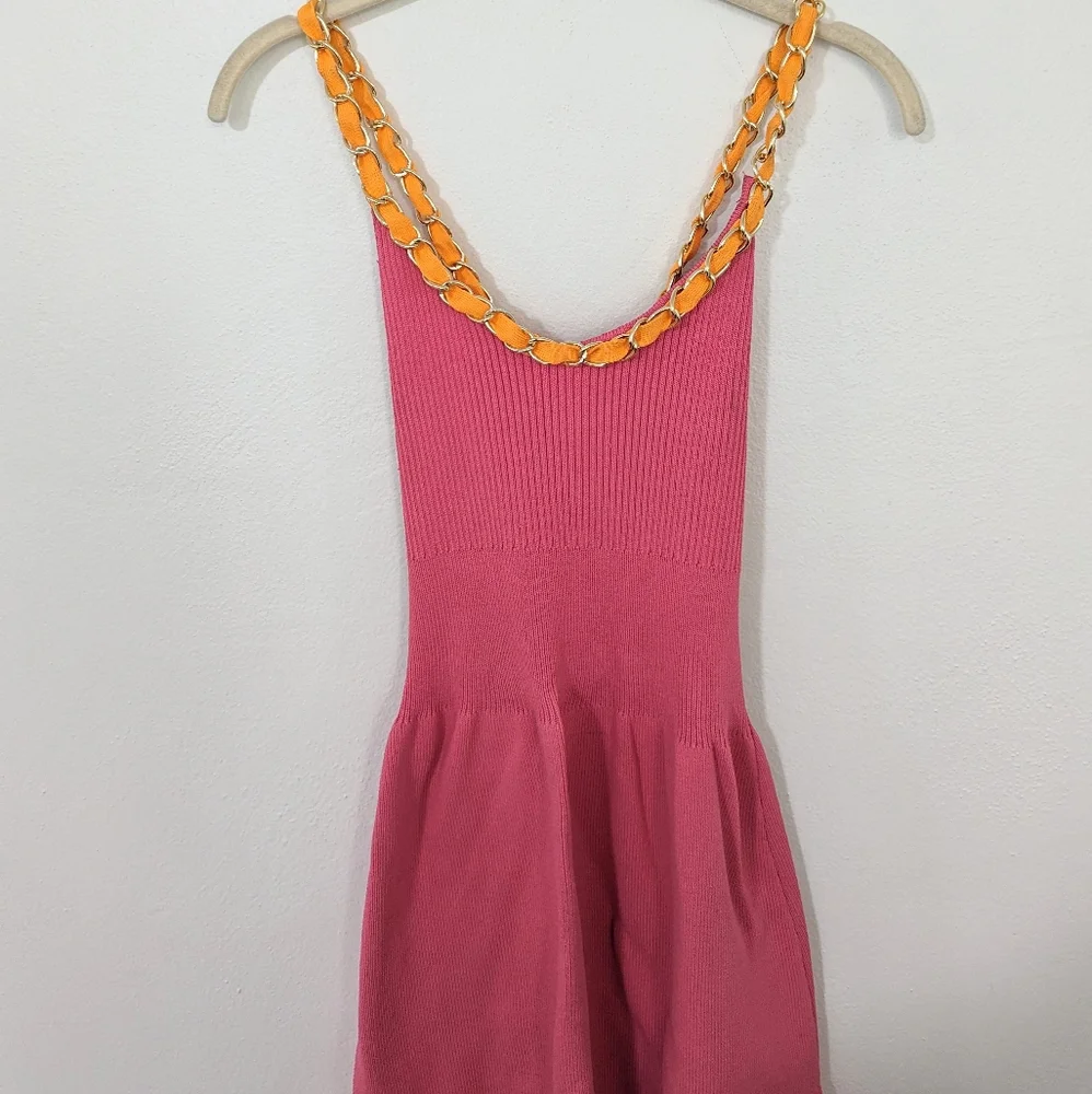 Zara Ribbed Knit Skater Dress Contrast Gold Chain Cross Back Mini Pink Medium M